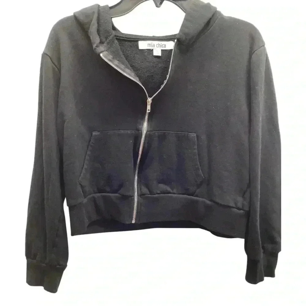 Girls Mia Chica Black Cropped Zipper Hooded Jacket (Preowned)